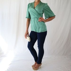 STUNNING... BCBG SILK, EMERALD, KIMONO BLOUSE - S